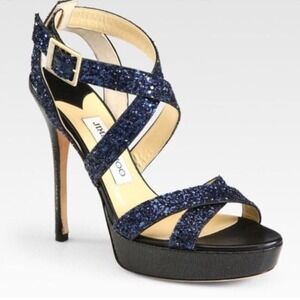 Jimmy Choo Vamp Navy Blue Glitter Sandals 36.5 / 6 Platform Heel Criss Cross